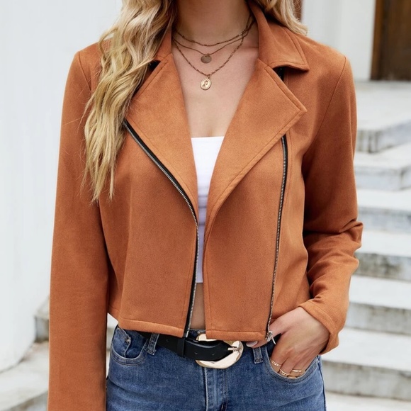 Luxe Rust Vegan Suede Zip up Moto Jacket - Picture 4 of 5